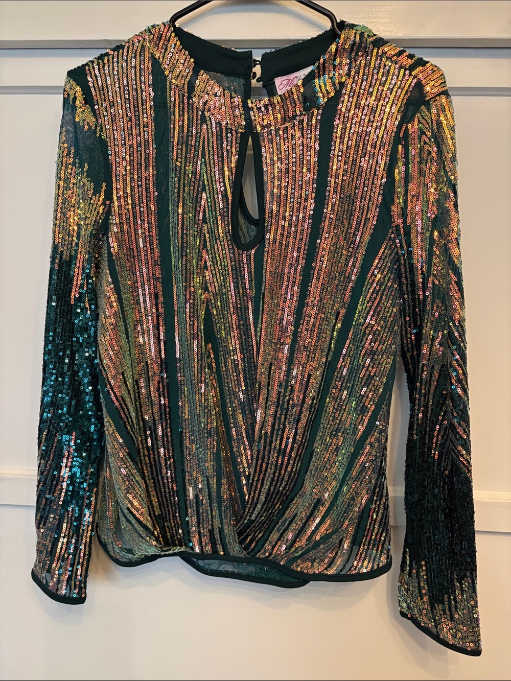 Green Sequin Striped Long-Sleeve Blouse